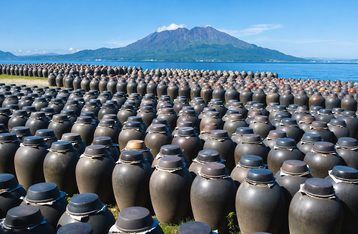 桜島を望む鹿児島・福山町の壺畑。屋外に並ぶ黒酢の仕込み壺